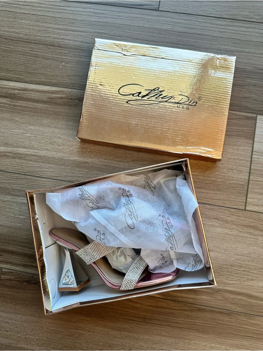 Crystal-Embellished Rose Pink Metallic Block Heel Sandals Brand New w/ Box
